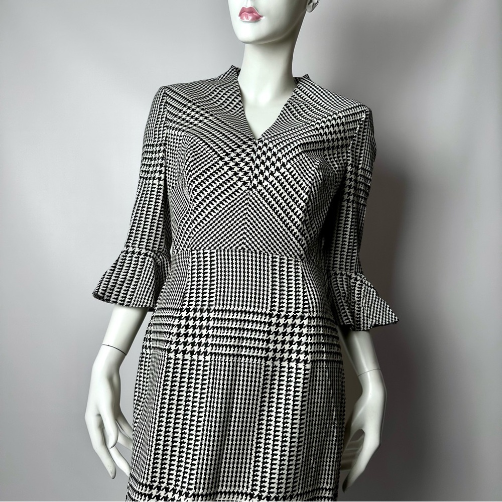 Escada V-Neck Bell-Sleeve Houndstooth Sheath Dress
